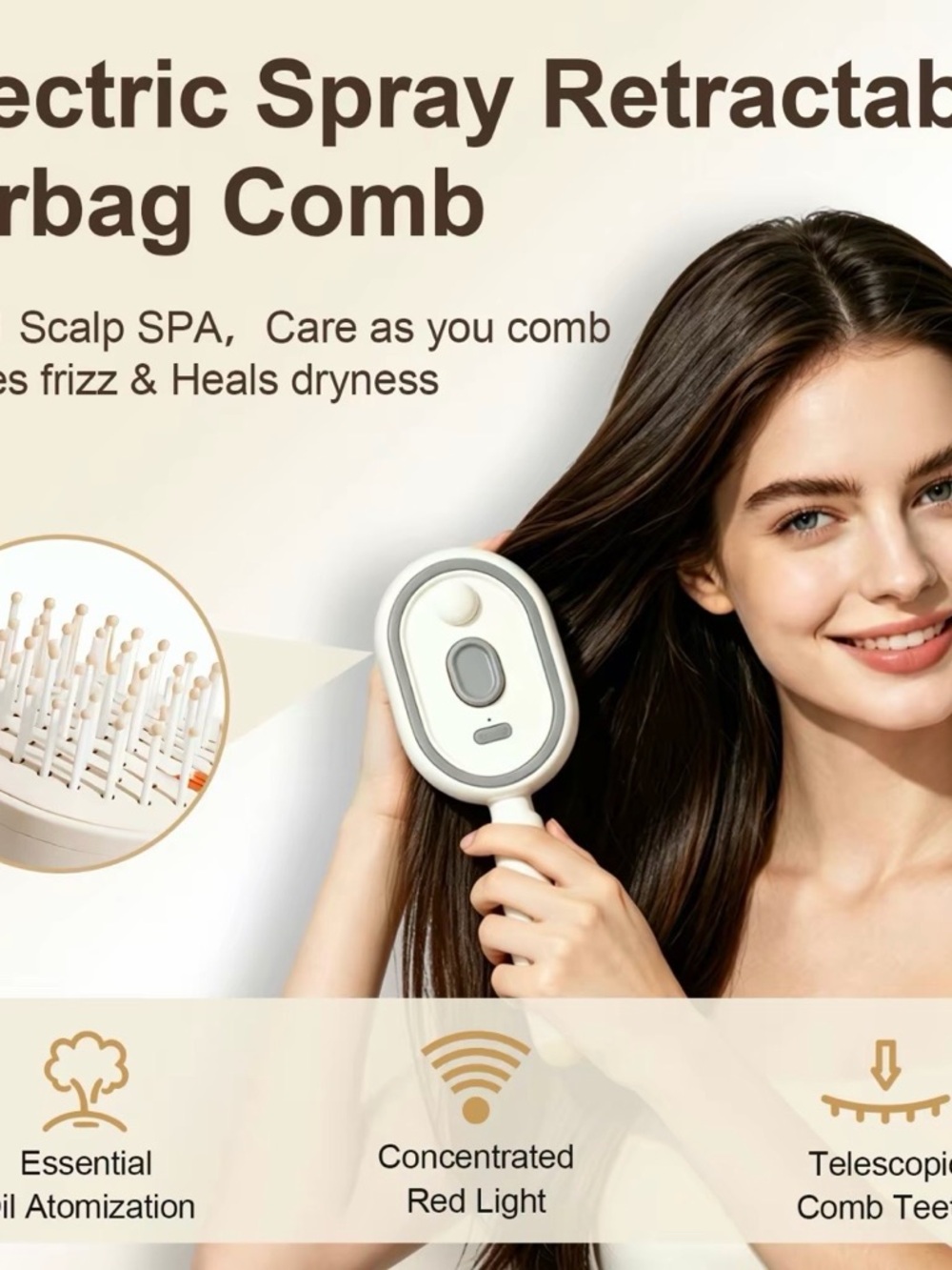 Electric Spray Retractable Hair Comb - White and Beige